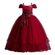 Jgppe Flower Girl Dress Vintage off Shoulder Embroidery Layered Long Tulle Dress Ball Gown 5-14 Years